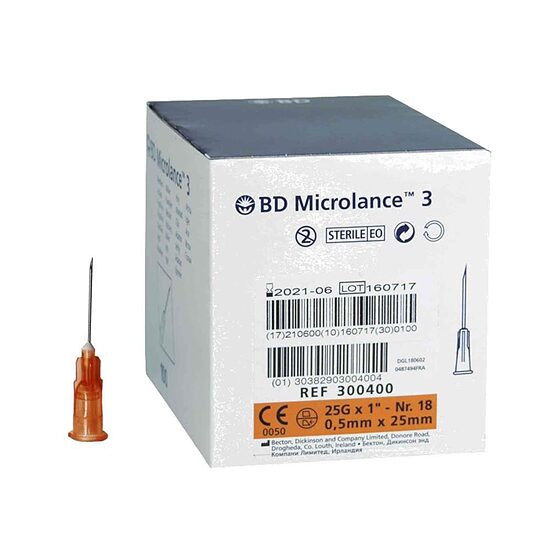 Produkta nosaukums: BD Microlance 3 oranžas injekciju adatas, 25G × 1″, 0,5 × 25 mm, 100 gab.